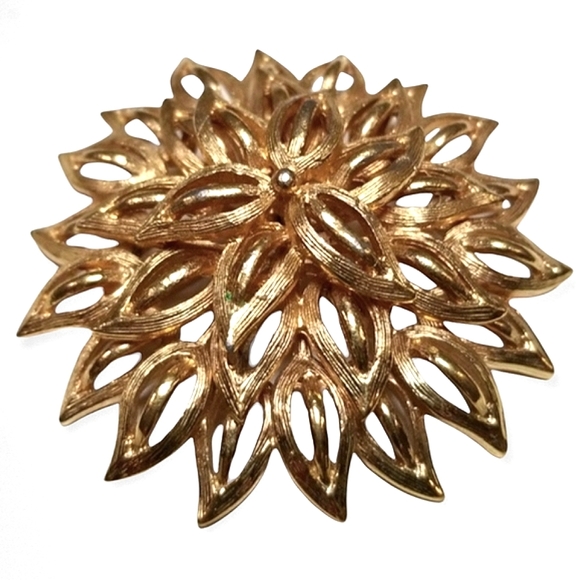 Vintage Signed Roget TM Large Gold Tone Metal Flower Brooch Pin - Picture 5 of 12